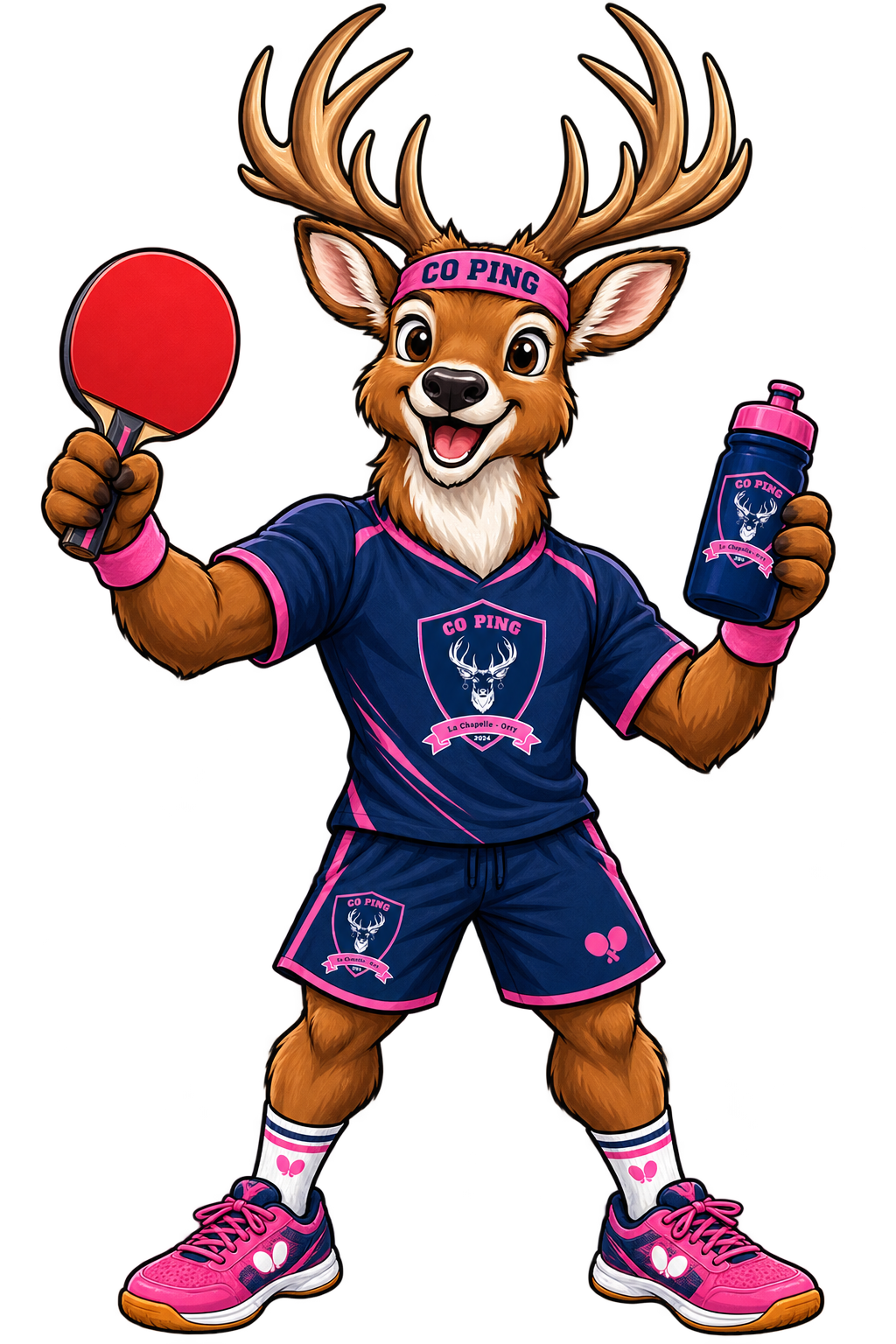 La mascotte du CoPing en tenue compl&egrave;te : raquette en main, bouteille d'eau, maillot du club et chaussures de sport