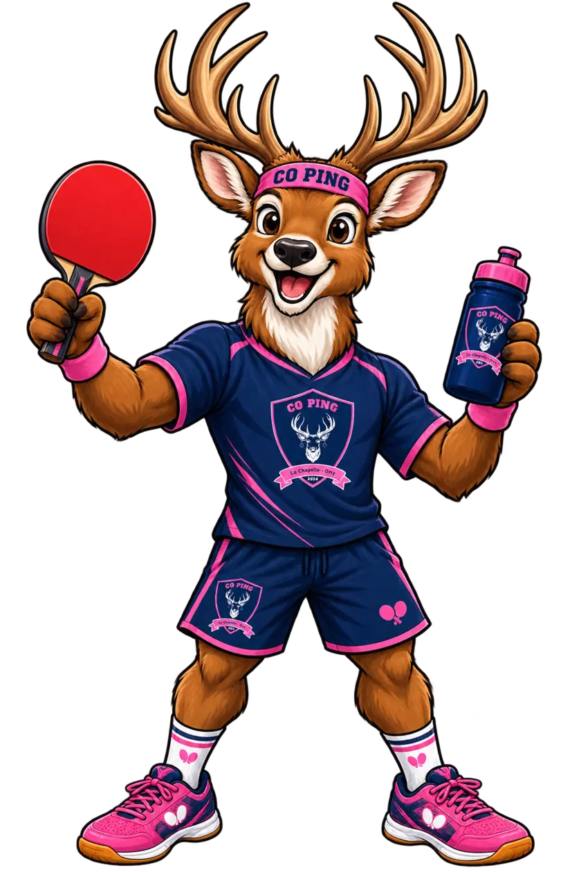 La mascotte du CoPing en tenue compl&egrave;te : raquette en main, bouteille d'eau, maillot du club et chaussures de sport